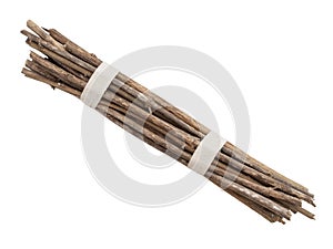 Bundle of sticks, twigs, isolated over white. Two ties.