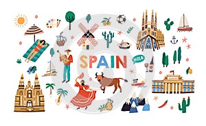 Bundle of symbols of traditional Spanish culture and architecture. Set of people, buildings, plants, food and landmarks