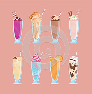 Bundle of tasty milkshakes in glasses with straws. Collection of creamy delicious cocktails decorated with fruits