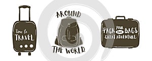 Bundle of tourism, travel, and vacation elements: backpack, suitcase illustration with handwritten slogans decorated