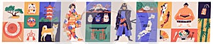 Bundle of traditional symbols of Japan - pagoda, geisha in kimono, koi fish, wagasa umbrella, bonsai tree, mount Fuji