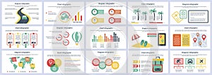 Bundle travel vacation infographics presentation slides template. Different charts, diagram, workflow, flowchart