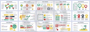 Bundle travel vacation infographics presentation slides template. Different charts, diagram, workflow, flowchart