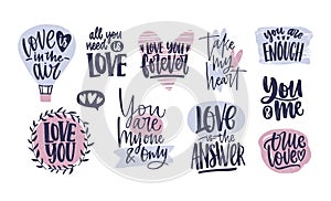 Bundle of trendy Valentine s day lettering handwritten with elegant cursive font. Romantic phrases, quotes decorated by