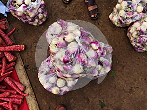 bundle of turnip in plastic bag in vegetable market