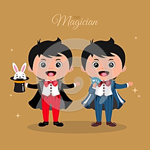 A bundle of two young boy magician cartoon illustration