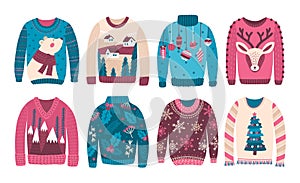 Bundle of ugly Christmas sweaters or jumpers isolated on white background. Collection of odd or strange seasonal woolen