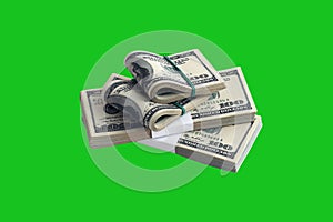 Bundle of US dollar bills isolated on chroma keyer green. Pack of american money with high resolution on perfect green mask