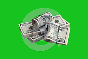 Bundle of US dollar bills isolated on chroma keyer green. Pack of american money with high resolution on perfect green mask