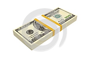 Bundle of US 100 dollars banknotes isolated on white. 3d rendering
