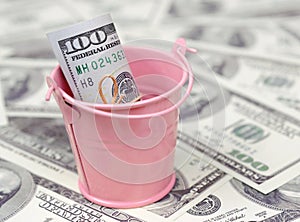 A bundle of US dollars in a metal pink bucket on a set of dollar bills
