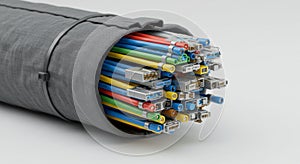 A bundle of various colored network cables, including red, blue, yellow, and green, is