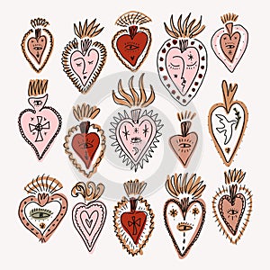 Bundle of vector mystical groovy vintage whimsical doodle sacred hearts. Valentines love characters. Hand-drawn sketchy