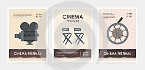 Bundle of vertical flyer or poster templates with retro camera, director and producer chairs, film reel and place for