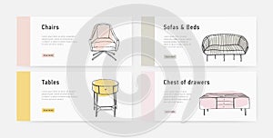 Bundle of web banner templates with various types of cozy furnishings in trendy Scandic style and place for text