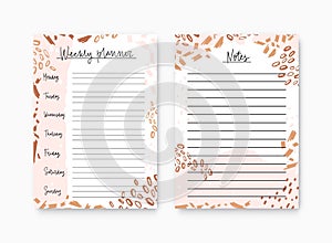 Bundle of weekly planner and notes page templates decorated by colorful artistic scribble, daub and paint stains. Plan