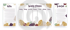 Bundle of weekly planner, sheet for notes and to do list templates decorated with tropical monstera leaves, artistic