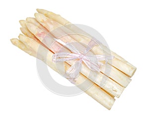 Bundle of white asparagus shoots over white