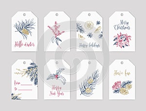 Bundle of winter holiday label or tag templates decorated with seasonal plants hand drawn with contour lines on white
