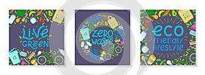 Bundle of zero waste vector illustrations with lettering