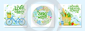Bundle of zero waste vector illustrations with lettering