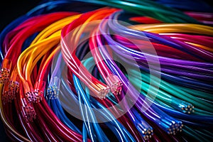 Bundled optical fibre glowing optic Colorful cables. Internet and high speed data transmission
