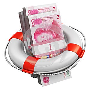 Bundles of 100 Chinese yuan money banknotes in lifesaver buoy