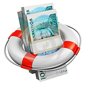 Bundles of 100 Swedish krona money banknotes in lifesaver buoy