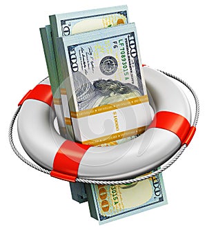 Bundles of 100 US dollar money banknotes in lifesaver buoy