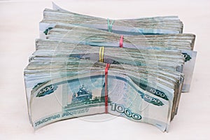 Bundles of bills. Russian banknotes. 1000 rubles bundles of bills