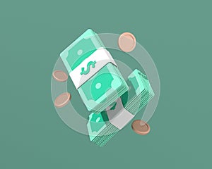 Bundles cash and coins on green background. 3d render banknotes.