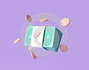 Bundles cash and floating coins around on purple background. money-saving, cashless society concept. 3d render illustration