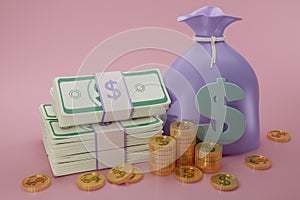 Bundles cash, stack dollar coins and money bag on pink background. Minimal style money dollar cash icon.