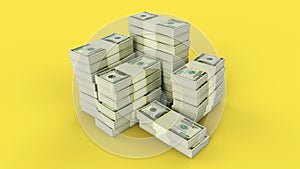 Bundles of dollars collected in piles on yellow background.