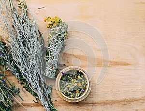 Bundles of herbs for aromatherapy and fumigation at home. Non-traditional methods, alternative herbal treatment,