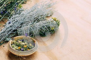 Bundles of herbs for aromatherapy and fumigation at home. Non-traditional methods, alternative herbal treatment,