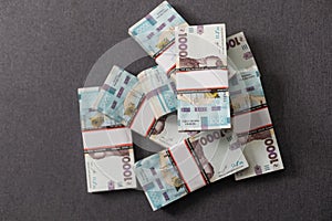 bundles of hryvnia. A stack with hryvnia. Much money. Close-up.