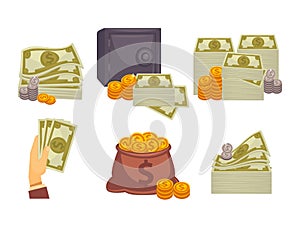 Bundles of money and stacks of coins illustrations set