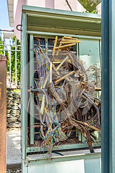 Bundles of multicolored wires intertwined with each other in the rack of the data center server room.