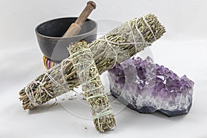 Bundles of Sage with a beautiful Amethyst Crystal and singing bowl