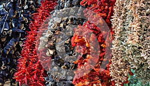 Bundles of sun dried vegetables hanging up at Turkish bazaar