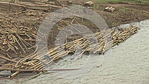 Bundles of tied up bamboo poles stored in water on the river's edge at work site 