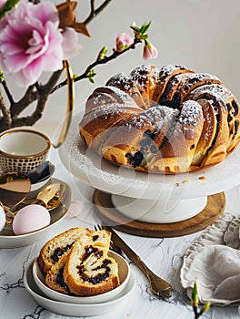 Bundt cake slice on white stand with flowers