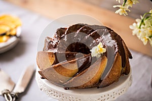 Bundt Cake with Sugar and chocolate glaze on white background