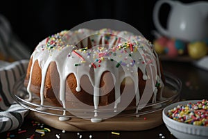 a bundt cake with white icing and sprinkles on a cake plate with a striped napkin and a cup of coffee