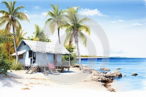 Bungalow or beach hut on tropical island, summer shack, wooden house on piles with terrace, palm trees and ocean landscape. Wooden