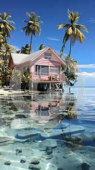 Bungalow in the beach with white sand with a huge coconat palm tree in the corner of maldives islands. AI Generative