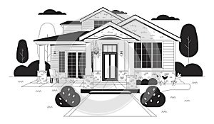 Bungalow country house black and white cartoon flat illustration
