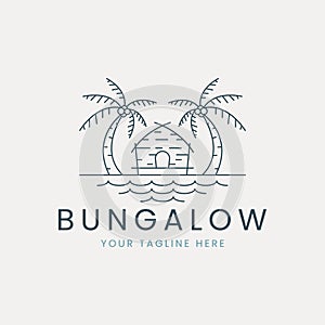 bungalow line art logo vector with sea and palm tree illustration template design. icon nature