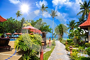 Bungalows and palms, Haad Yao beach, Koh Phangan island, Suratth